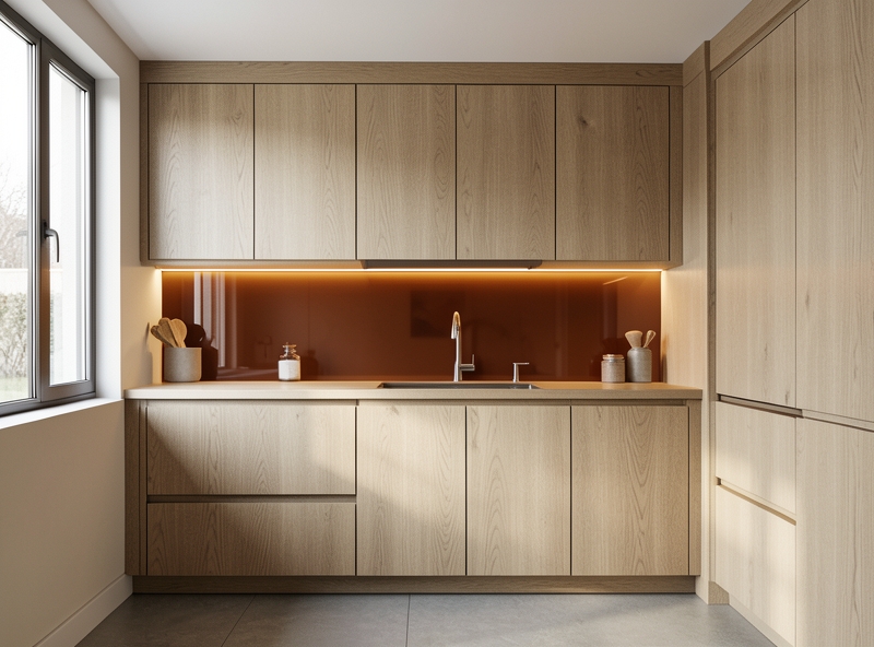 Sự kết hợp hoàn mỹ giữa gỗ sồi và kính cam trong phòng bếp