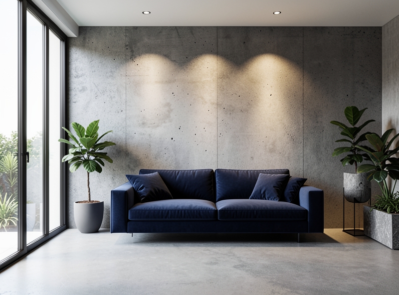 Sự kết hợp giữa tường bê tông thô và nội thất hiện đại
