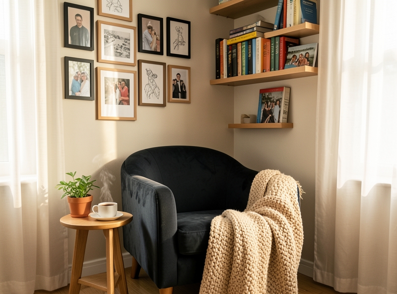 Góc đọc sách cá nhân hóa với tranh ảnh và sách