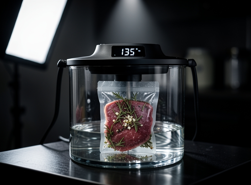 Thiết bị nấu ăn chân không Sous-vide và miếng bít tết trong túi hút chân không