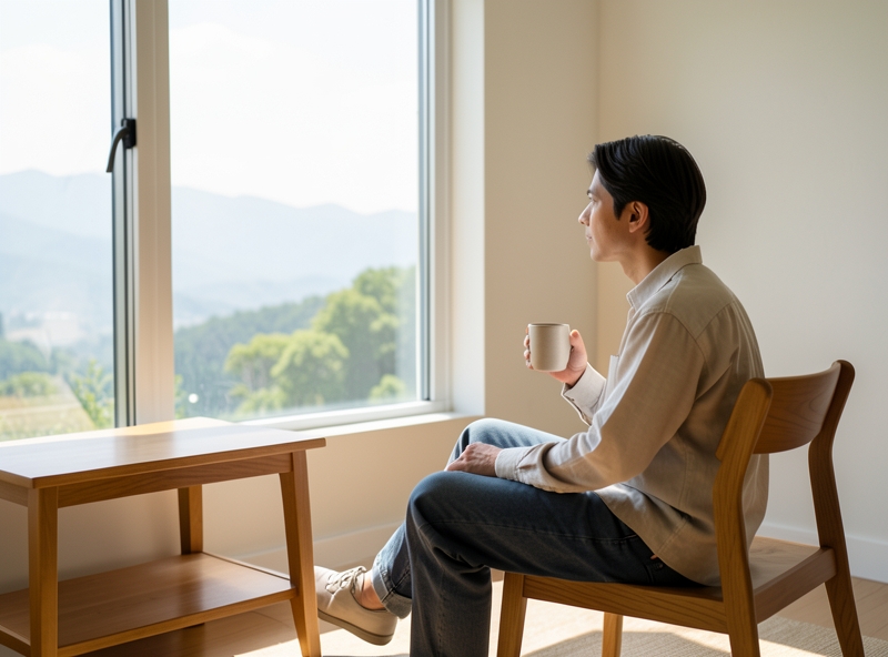 Người ngồi bình yên trong không gian tối giản