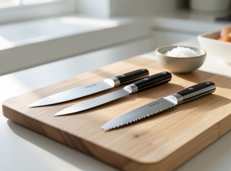 Das Trio der Basismesser in einer minimalistischen Küche