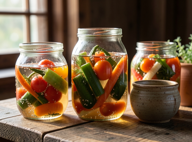 Traditionelle Fermentationsgläser in natürlichem Licht
