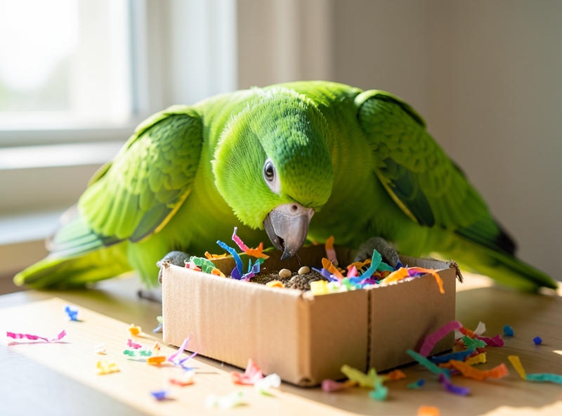 Papagei spielt Futtersuchspiele