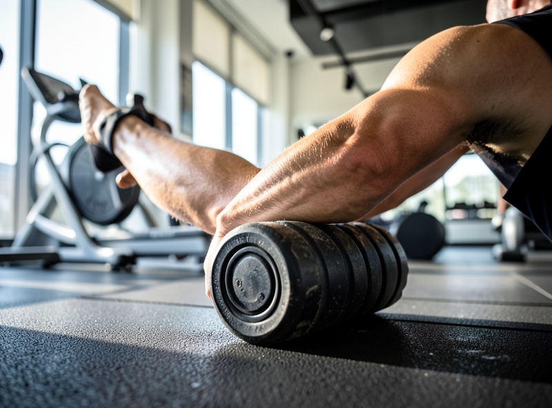 Vận động viên sử dụng ống lăn foam roller để phục hồi cơ bắp chân