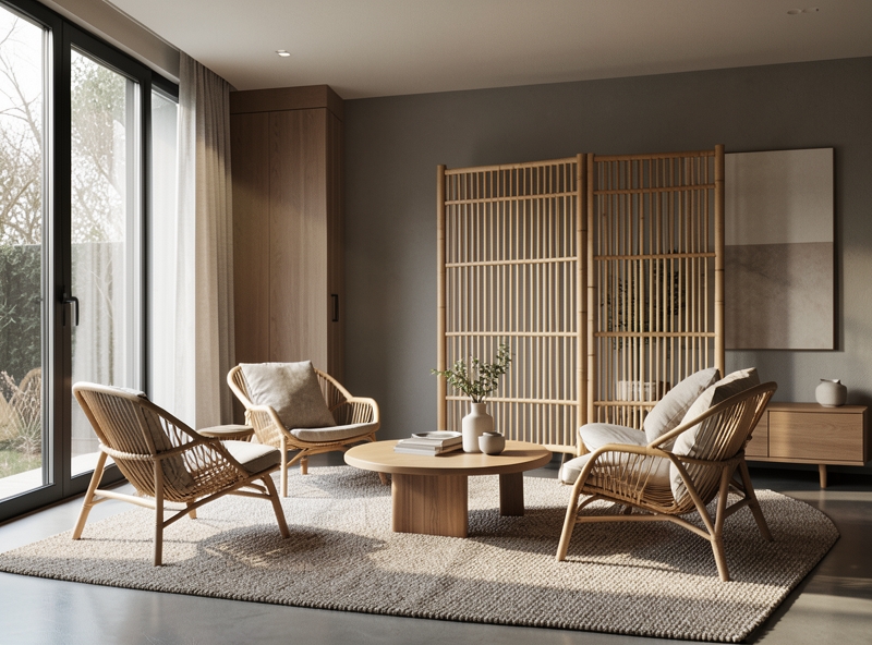 Nội thất mây tre trong không gian Japandi hiện đại