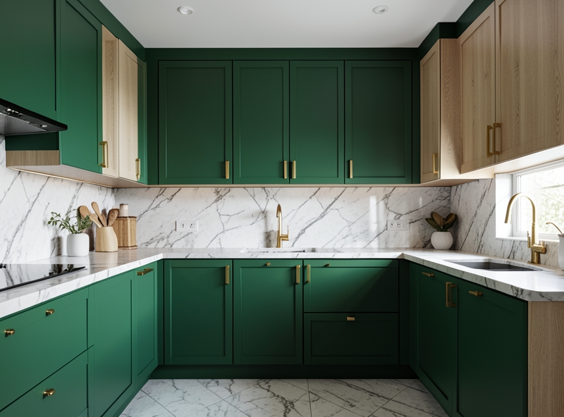 Conception de cuisine combinant la couleur verte du Bois et le bois naturel