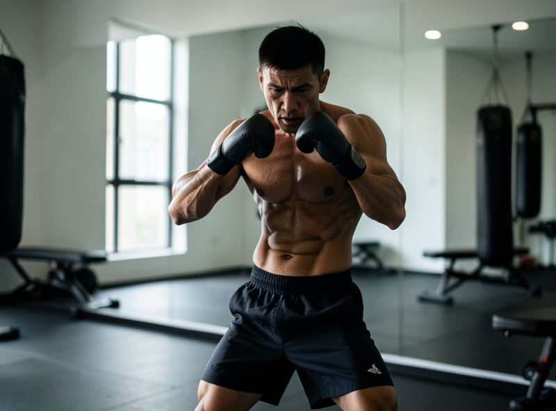 Vận động viên tập luyện shadow boxing trước gương
