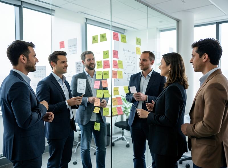 Team diskutiert konzentriert Strategien