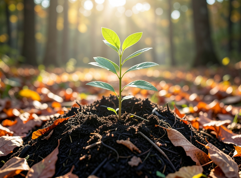 Mầm cây vươn lên từ lớp lá mục