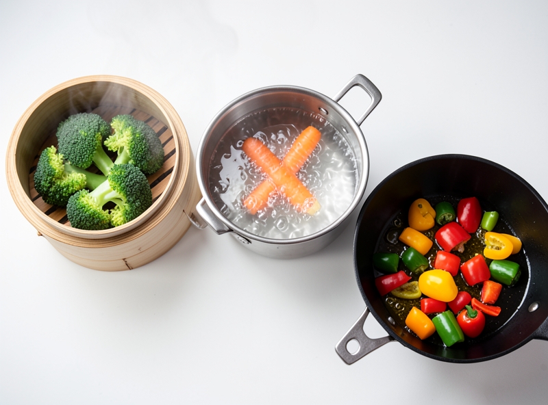 So sánh phương pháp hấp, luộc và xào