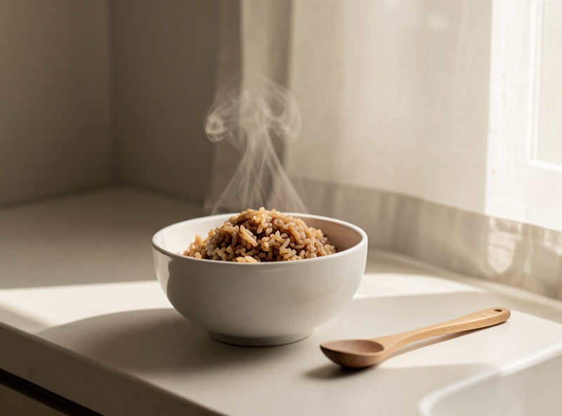 Bát cơm gạo lứt dẻo thơm trong không gian tối giản