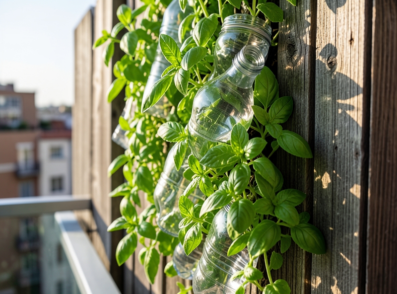 Vườn treo tái chế từ chai nhựa trên ban công