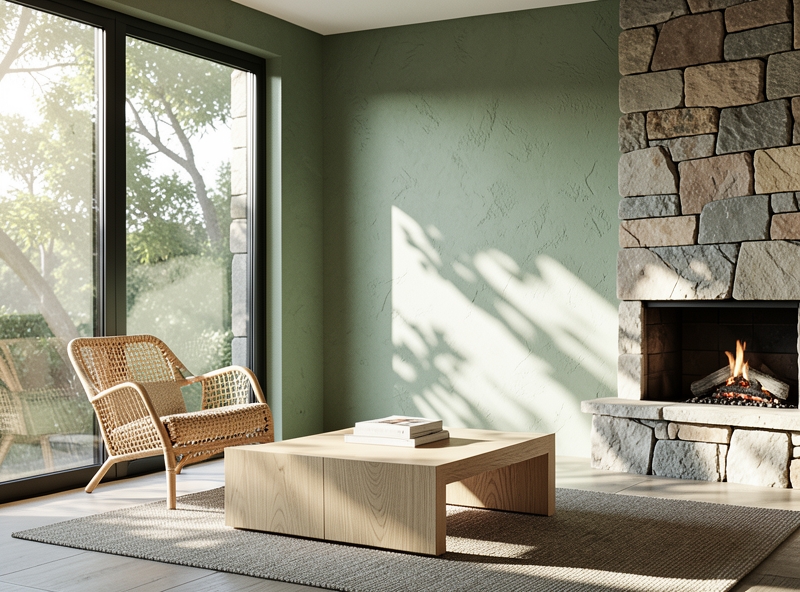 Sự kết hợp giữa màu xanh rêu, ánh sáng tự nhiên và chất liệu gỗ mây