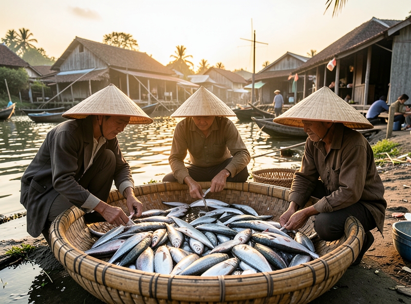 Ngư dân thu hoạch hải sản sớm tại làng chài