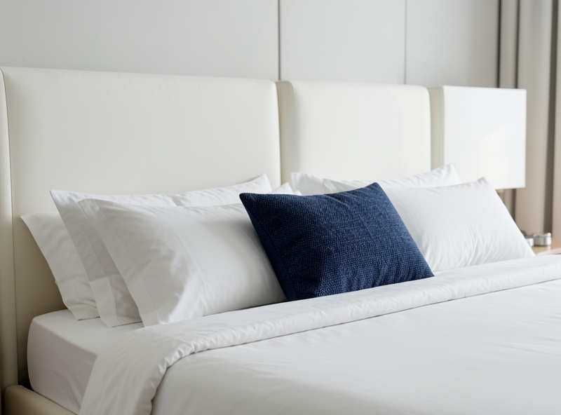 Anordnung von Kissen in mehreren Schichten auf dem Bett