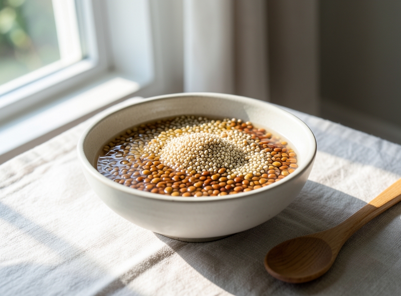 Ngâm ngũ cốc trong bát gốm tối giản