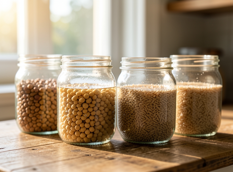 Các loại hạt đang được ngâm trong lọ thủy tinh