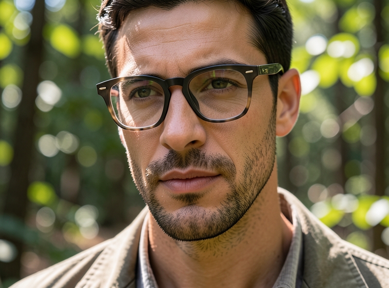 Người đàn ông đeo kính gọng nhựa sinh học trong không gian thiên nhiên