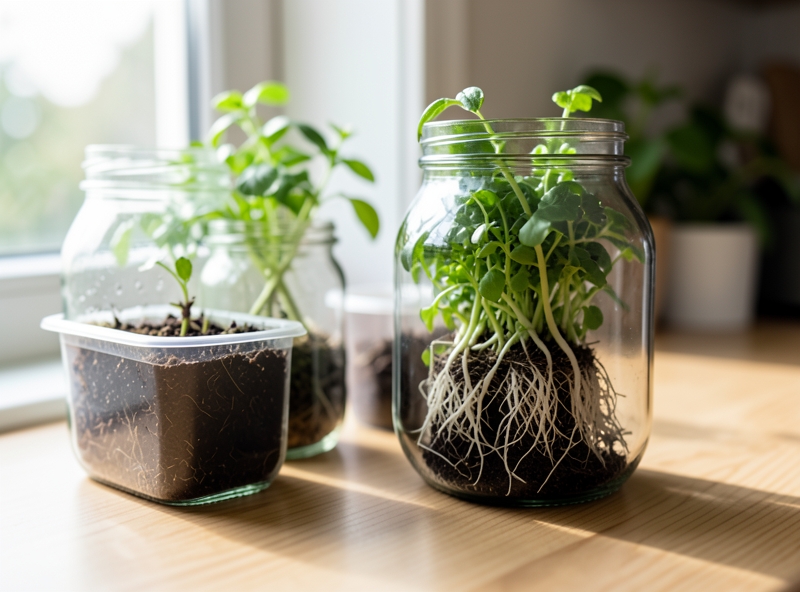 Tận dụng hũ thủy tinh tái chế để trồng rau trong bếp