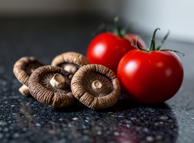 Nấm hương khô và cà chua chín