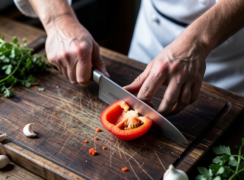 Professionelle Messertechnik auf einem Holzschneidebrett