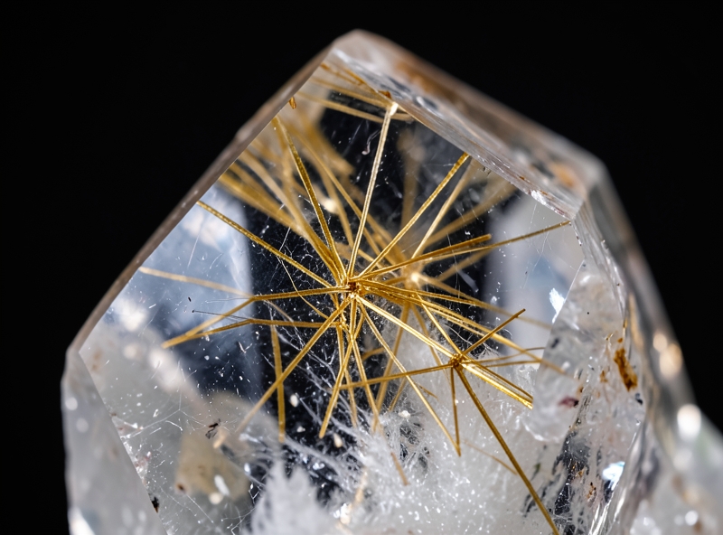 Gros plan sur la structure cristalline d'une pierre de quartz rutile doré naturel