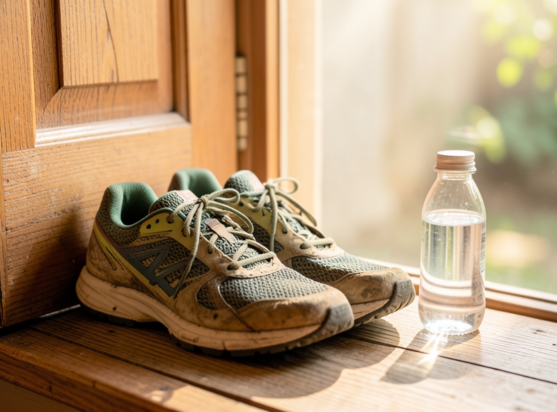 Đôi giày chạy bộ đặt cạnh cửa sổ nắng sớm