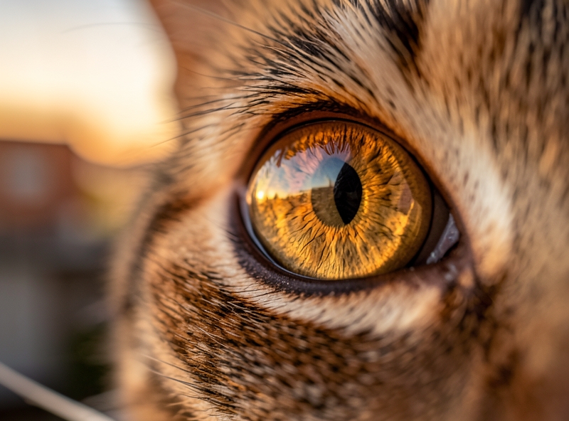 Cận cảnh đôi mắt mèo với đồng tử giãn nhẹ