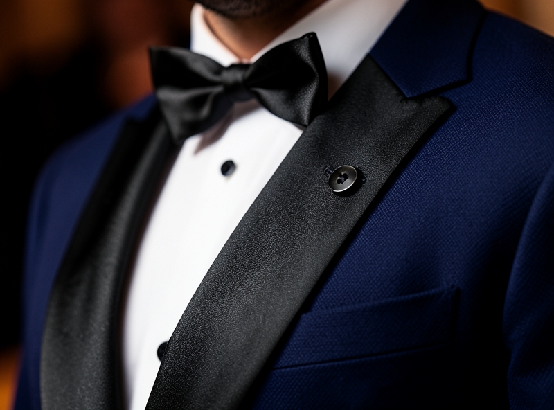 Cận cảnh chi tiết ve áo satin và khuy bọc lụa trên áo Tuxedo cao cấp