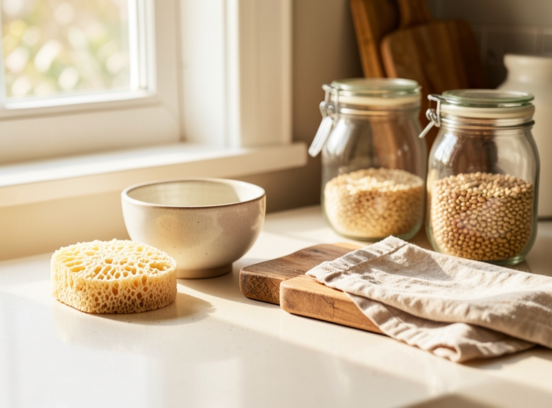 Đồ dùng nhà bếp làm từ vật liệu tự nhiên như xơ mướp, gỗ và thủy tinh