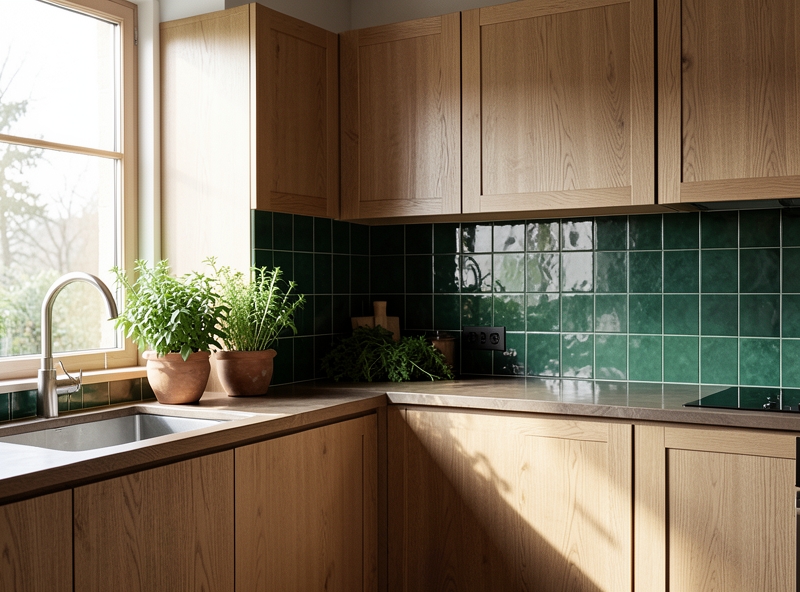 Sự kết hợp hoàn hảo giữa gỗ và sắc xanh trong bếp