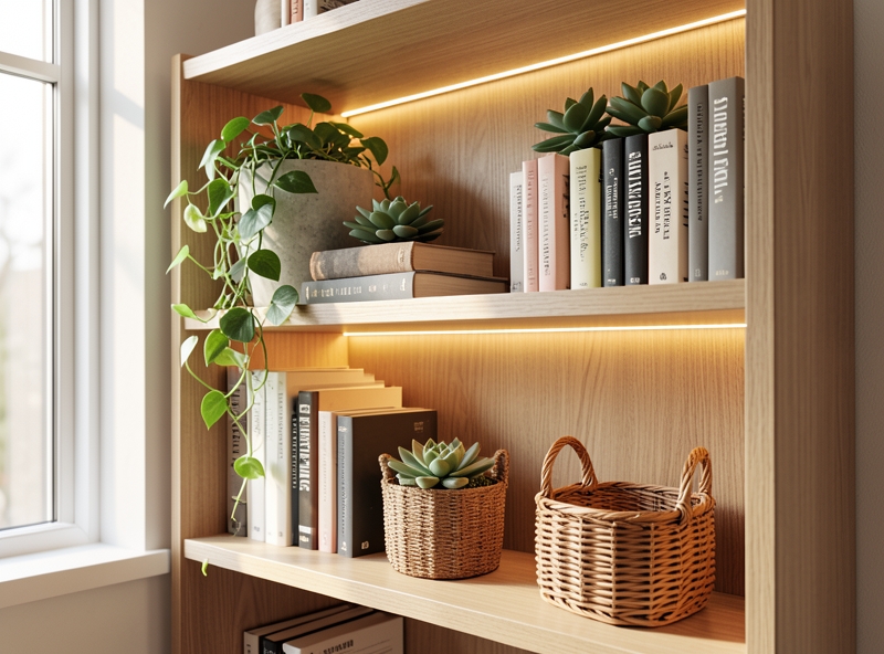 Décoration de bibliothèque style scandinave avec des plantes et de l'artisanat