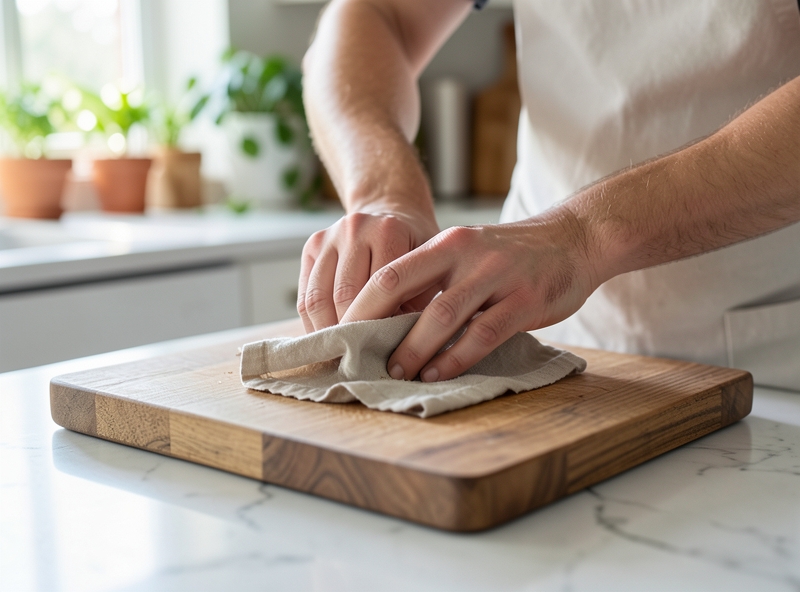 Schneidebrett mit einem feuchten Tuch fixieren