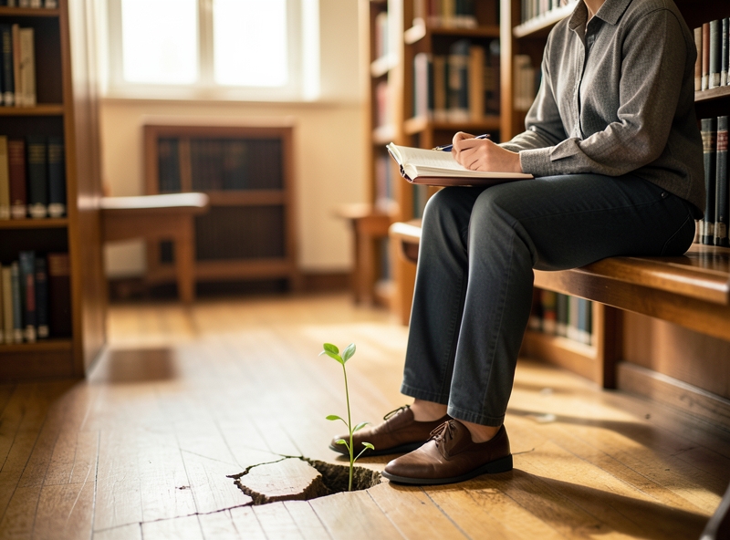 Người đang suy ngẫm bên mầm cây nhỏ