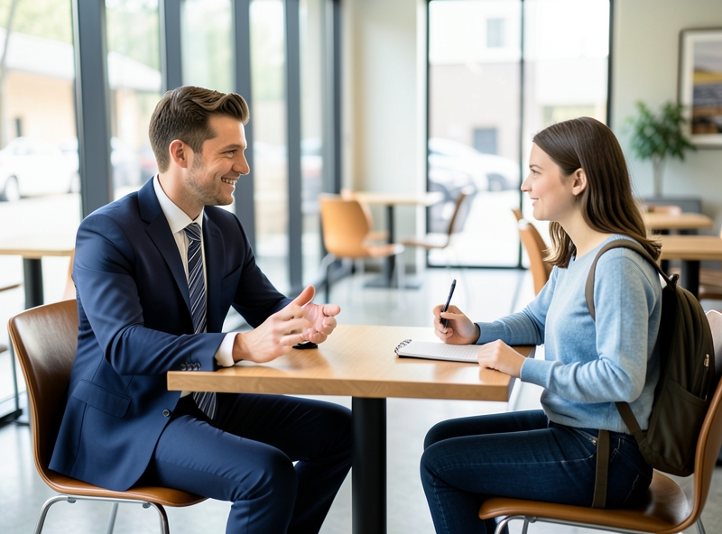 Sinh viên trò chuyện cùng tiền bối trong không gian quán cà phê