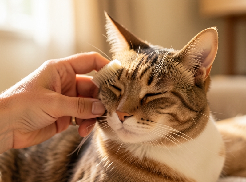 Chủ nuôi đang chải lông cho mèo