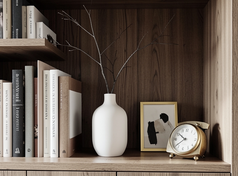 Organisation de livres et d'accessoires sur une étagère en bois