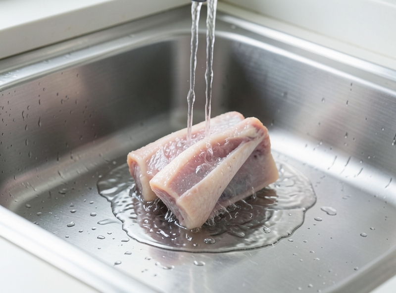 Sơ chế xương tươi dưới vòi nước