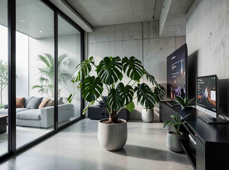 Cây xanh cân bằng ngũ hành trong phòng khách hiện đại