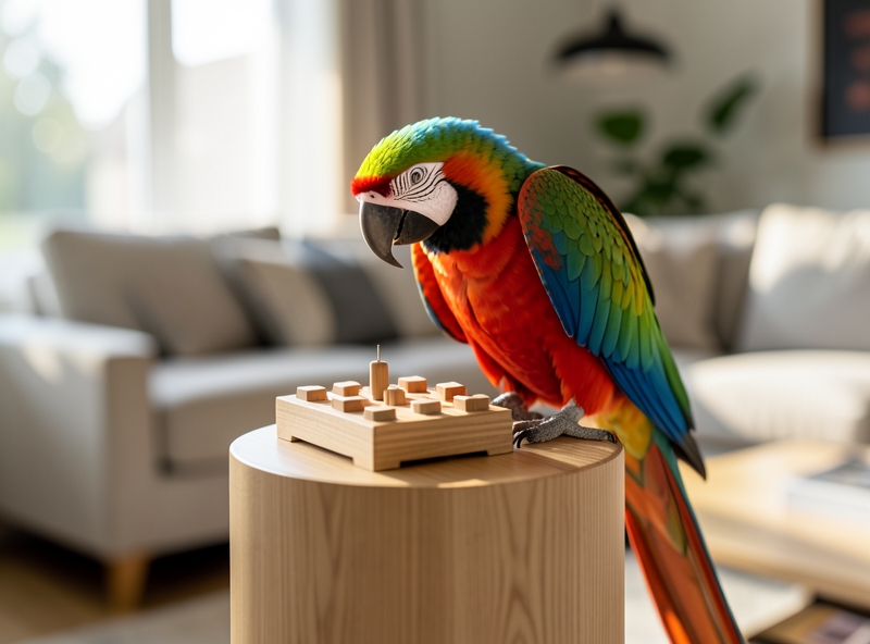 Ein intelligenter Papagei spielt mit Intelligenzspielzeug
