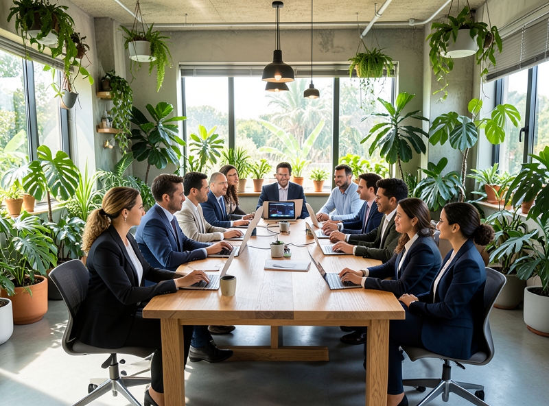 Đội ngũ làm việc trong không gian xanh