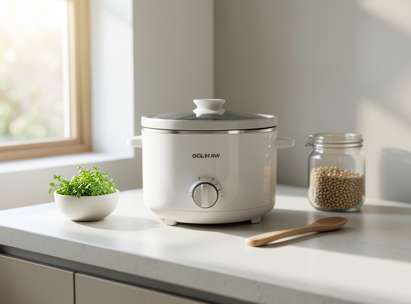 Góc bếp tối giản với nồi nấu chậm và nguyên liệu tươi