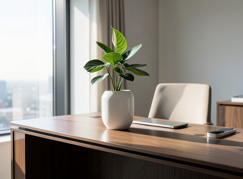 Plantes feng shui Spathiphyllum et Zamioculcas disposées dans un bureau