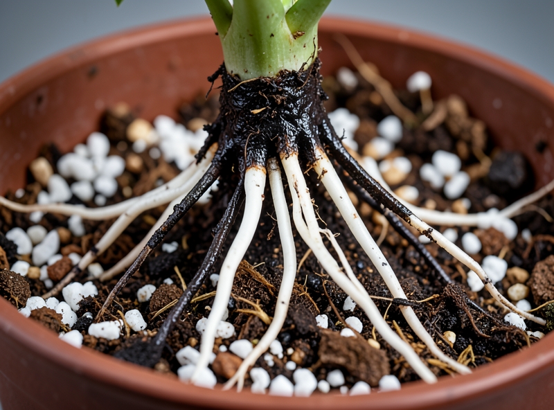Cận cảnh rễ cây bị thối và quy trình thay giá thể