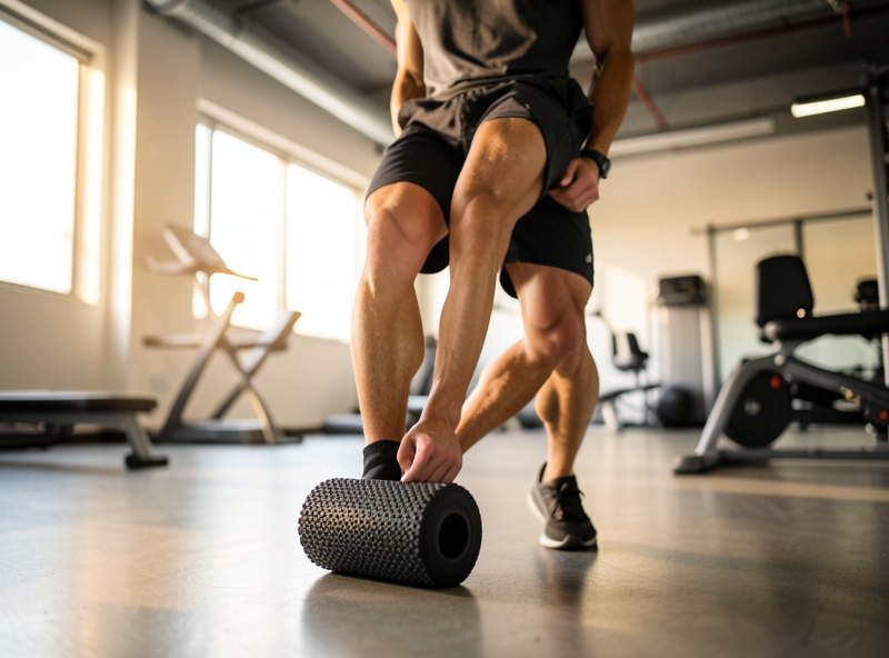 Vận động viên sử dụng foam roller để phục hồi cơ chân