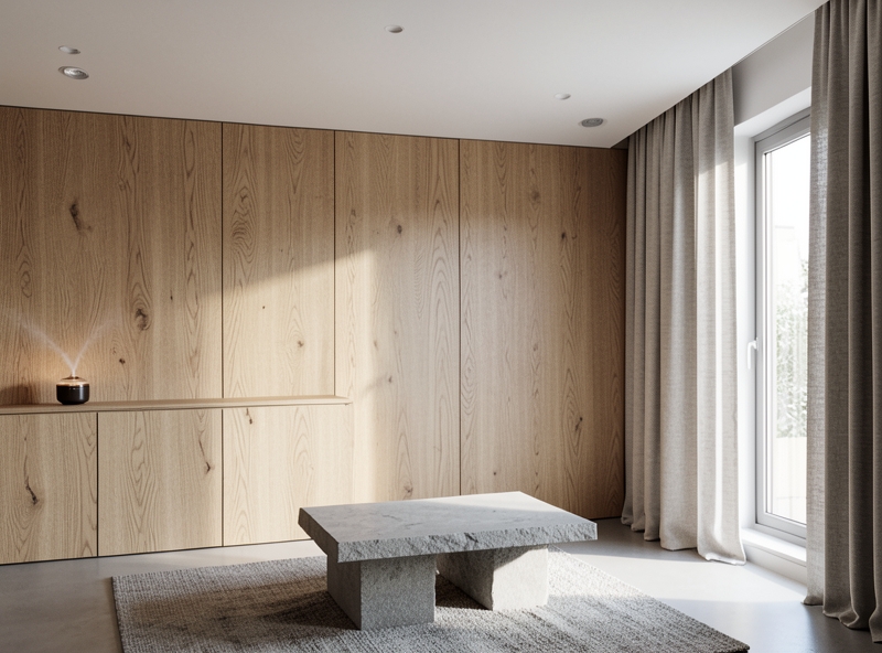 The combination of natural materials and airy space design