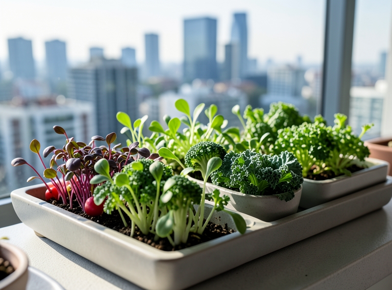 Các loại Microgreens phát triển trong khay tại ban công